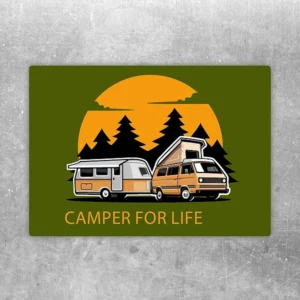 Aufkleber mit Camper for life Motiv und zwei Campern vor Sonnenuntergang für Vanlife-Fans.