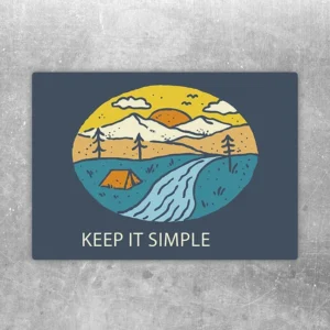 Aufkleber mit Keep it simple Zelt Camping Motiv, Bergen, Sonne und Fluss