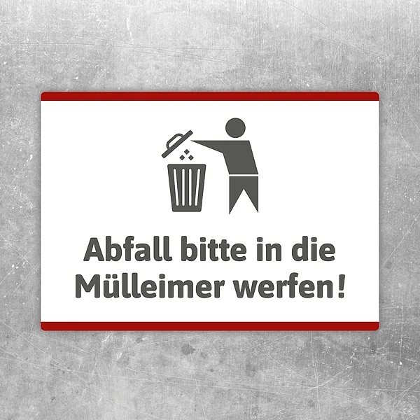 Aufkleber mit Hinweis „Abfall bitte in den Mülleimer werfen“ für klare Müllentsorgung.