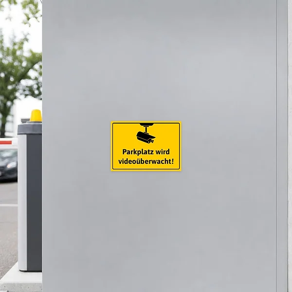 Warnender Aufkleber für den Parkplatz mit Kamerasymbol und Text zur Videoüberwachung.