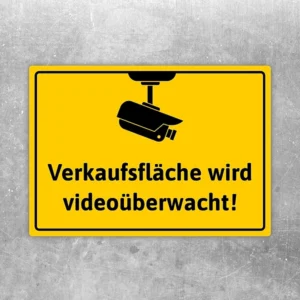 Gelber Aufkleber mit Kamera-Symbol und dem Text „Verkaufsfläche wird videoüberwacht“.
