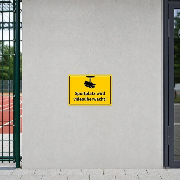 Gelber Aufkleber mit Kamera-Icon und dem Hinweis „Sportplatz wird videoueberwacht“ für den Eingangsbereich.