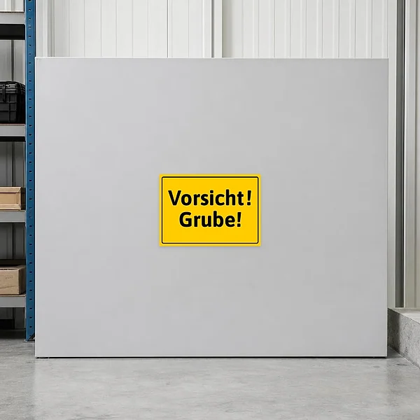 Warnaufkleber mit dem Text Vorsicht! Grube! zur Kennzeichnung einer offenen Grube im Arbeitsbereich.