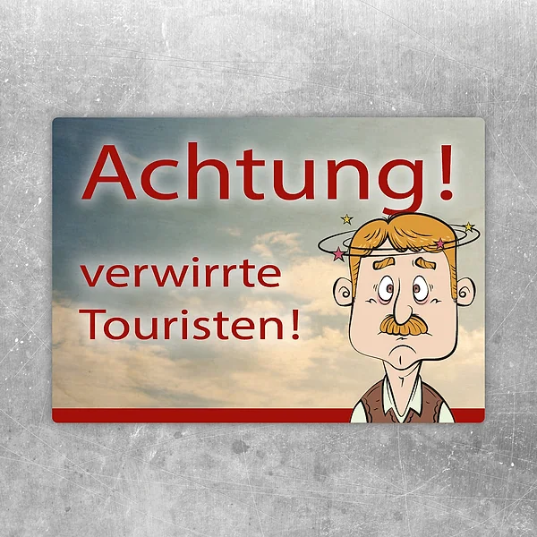 Aufkleber mit der Aufschrift Achtung! Verwirrte Touristen und humorvoller Figur.
