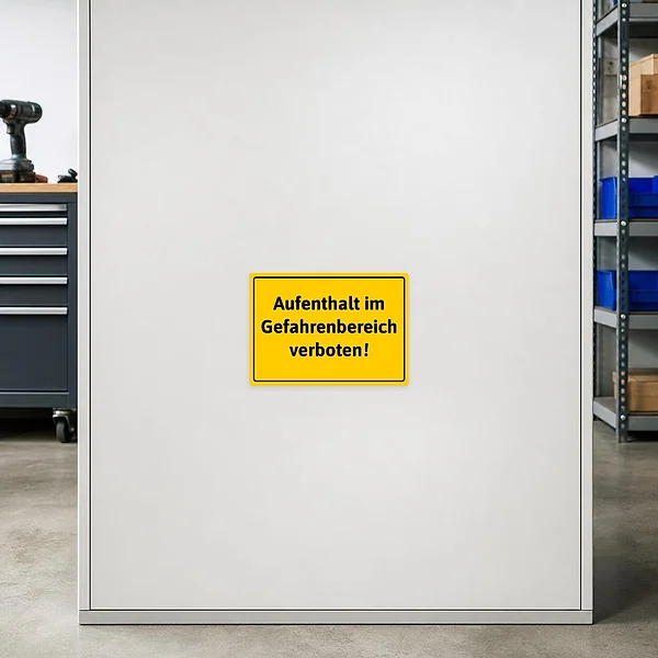 Warnaufkleber in Gelb mit der Aufschrift „Aufenthalt im Gefahrenbereich verboten“ für Betriebs- und Sicherheitsbereiche.