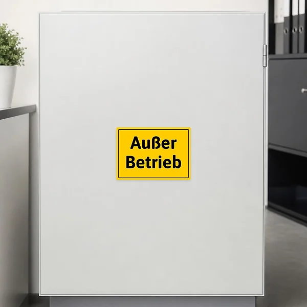 Gelber Warnaufkleber Außer Betrieb auf einer Fläche zur deutlichen Kennzeichnung eines nicht nutzbaren Bereichs.