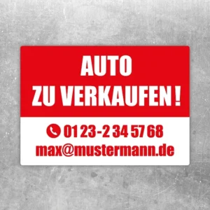 Aufkleber mit dem Hinweis „Auto zu verkaufen“ und Kontaktzeile für den Fahrzeugverkauf.