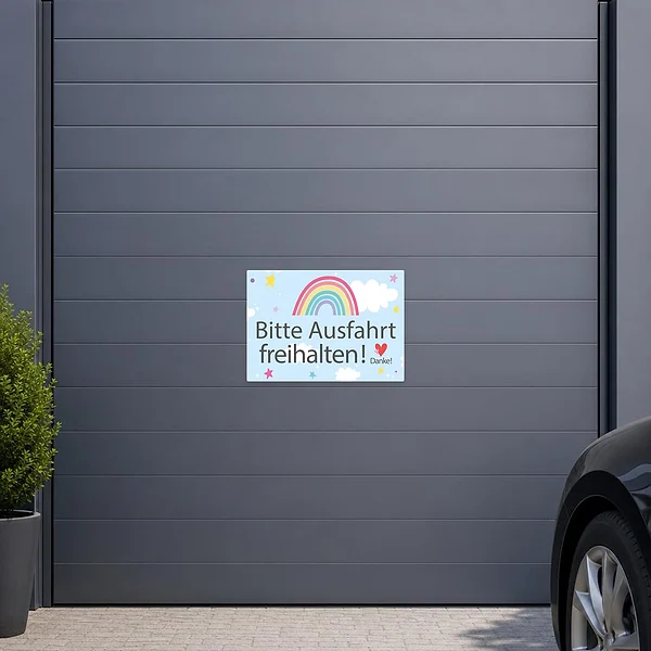Bunter Aufkleber Bitte Ausfahrt freihalten mit Regenbogen, Herz und freundlichem Danke-Hinweis.