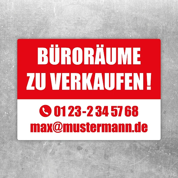 Aufkleber mit der Aufschrift „Büroräume zu verkaufen“ als klarer Hinweis für Büroflächen.