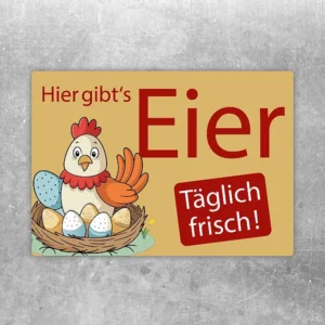 Aufkleber mit Henne und Eiern sowie dem Text Hier gibts Eier täglich frisch.