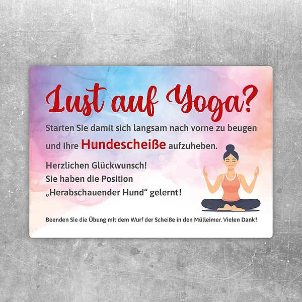 Aufkleber mit lustigem Yoga Hundescheiße Motiv für einen frechen Hinweis im Außenbereich.