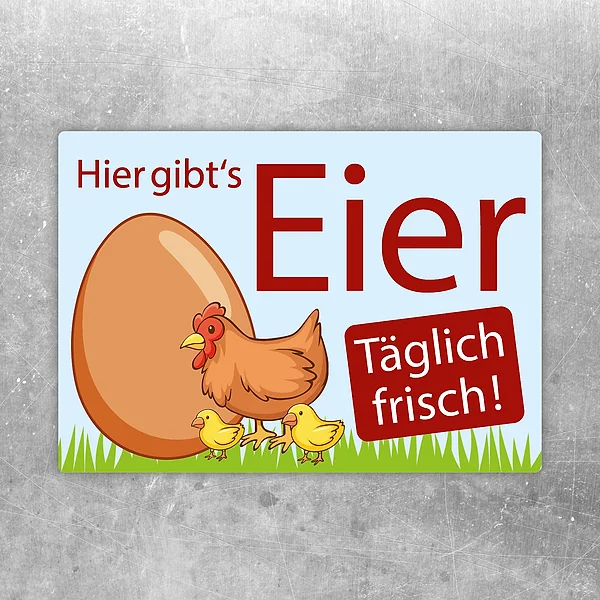 Aufkleber mit Huhn und Ei als Hinweis auf Eierverkauf am Hof