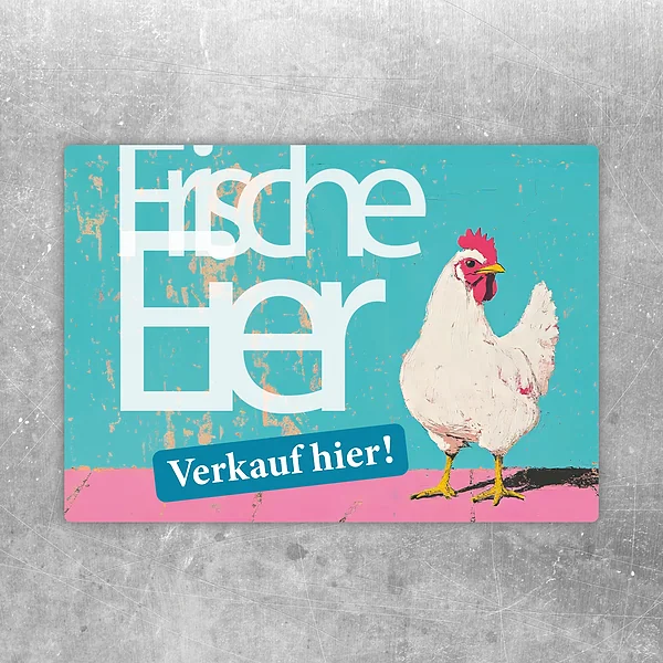 Aufkleber Eierverkauf in Vintage-Optik mit Huhn und deutlichem Verkaufshinweis.