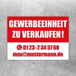Aufkleber mit dem Hinweis Gewerbeeinheit zu verkaufen für Fenster oder Eingang eines Gewerbeobjekts.