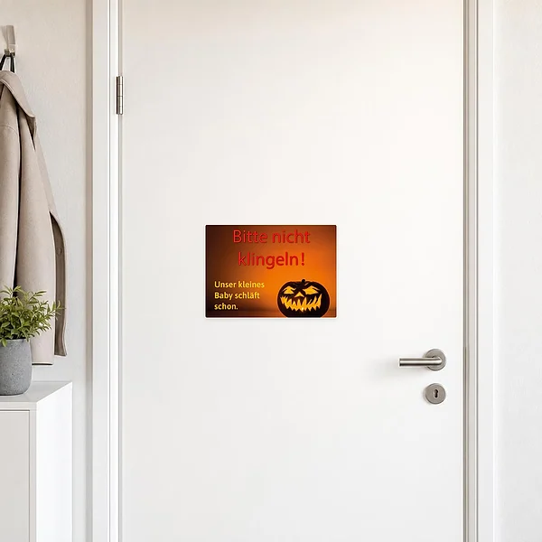 Bedruckter Halloween Hinweisaufkleber für die Haustür mit Kürbis und Text „Bitte nicht klingeln, Baby schläft schon“.