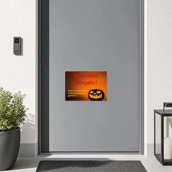 Bedruckter Halloween-Aufkleber für die Eingangstür mit Kürbis und freundlichem Hinweis auf Süßigkeiten.