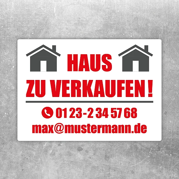 Aufkleber Haus zu verkaufen mit Hausmotiv und klarer Verkaufsbotschaft