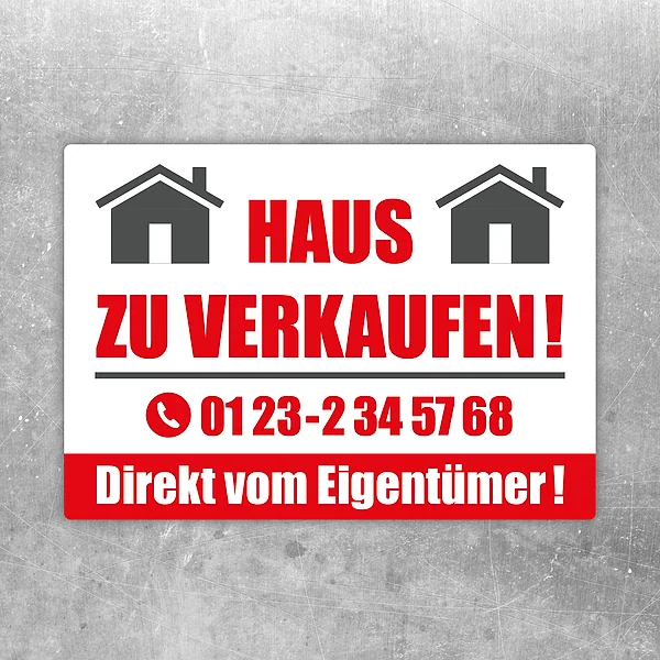 Aufkleber mit Haus-Symbol und dem Text „Haus zu verkaufen direkt vom Eigentümer“.