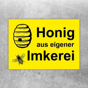 Aufkleber mit Bienenmotiv und dem Text Honig aus eigener Imkerei für die Kennzeichnung von Honigprodukten.