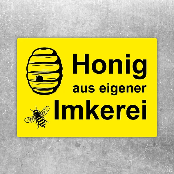 Aufkleber mit Bienenmotiv und dem Text Honig aus eigener Imkerei für die Kennzeichnung von Honigprodukten.