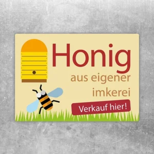 Aufkleber mit Honig, Biene und Hinweis auf Verkauf im Hofladen