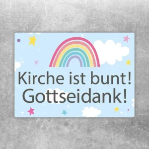 Bunter Aufkleber mit Regenbogen und dem Text „Kirche ist bunt! Gottseidank!“