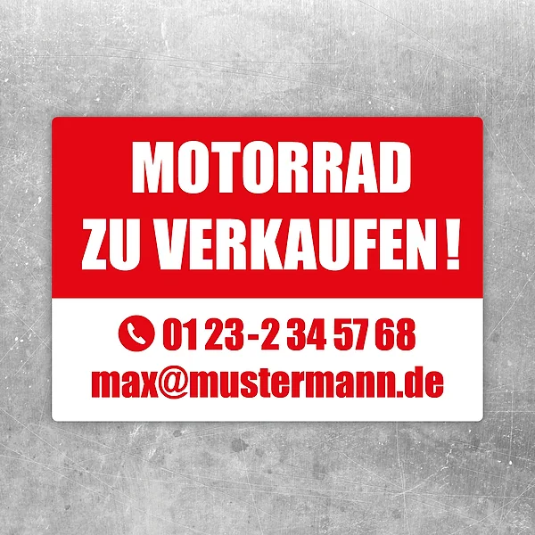 Aufkleber mit rotem Motiv „Motorrad zu verkaufen“ für Verkaufsangebote am Fahrzeug.