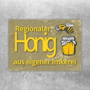 Aufkleber mit vintage Motiv: regionaler Honig aus eigener Imkerei, mit Biene und Honigglas.