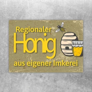 Aufkleber mit regionalem Honig, eigener Imkerei und vintage Honigglas im oldschool Stil.