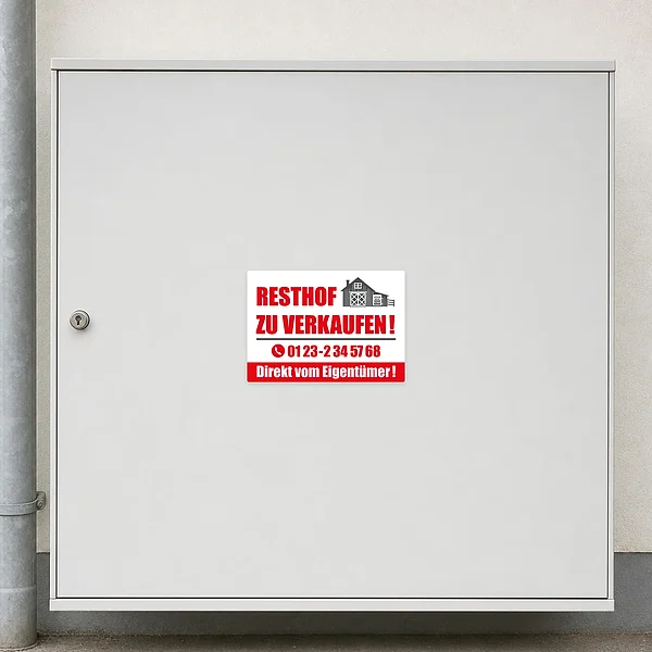Rechteckiger Aufkleber mit Resthof-Symbol, Verkaufshinweis und Direktkontakt vom Eigentümer.