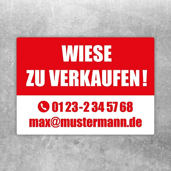 Aufkleber mit dem Hinweis Wiese zu verkaufen in roter und weißer Gestaltung für Flächen und Grundstücke.
