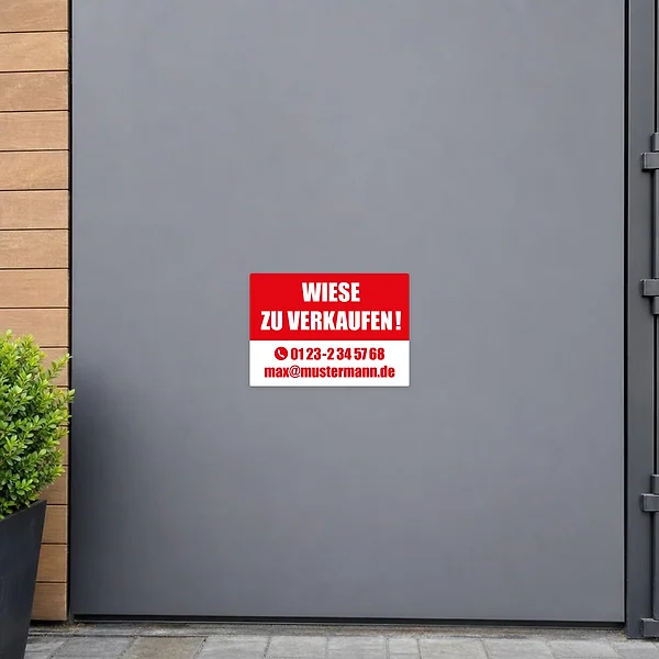 Roter und weißer Aufkleber mit dem Text Wiese zu verkaufen für ein Grundstück oder eine angebotene Wiese.