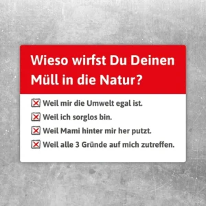 Aufkleber mit der Frage Wie wirfst Du Deinen Müll in die Natur und vier humorvollen Antwortmöglichkeiten.