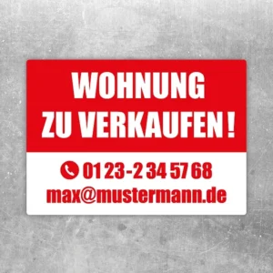 Aufkleber mit dem Hinweis „Wohnung zu verkaufen“ in Rot und Weiß für Immobilien und Besichtigungen.