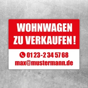 Aufkleber Wohnwagen zu verkaufen mit klarer Verkaufsbotschaft für Fahrzeug oder Stellplatz.