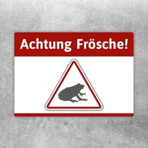 Aufkleber mit der Aufschrift Achtung Frösche und Froschsymbol als klarer Hinweis