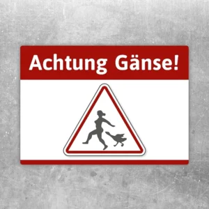 Aufkleber mit dem Text Achtung Gänse und einem humorvollen Warnsymbol für Hof und Garten.