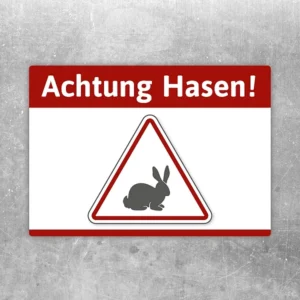Achtung Hasen Aufkleber mit Warnmotiv und Hasensymbol für Hof, Garten und Tierbereiche.