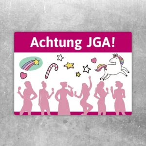 Aufkleber mit der Aufschrift „Achtung JGA!“ für einen fröhlichen Junggesellinnenabschied von Frauen.