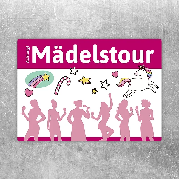 Aufkleber mit der Aufschrift Achtung Mädelstour für Junggesellinnenabschied und Frauenparty.