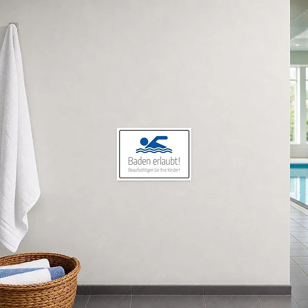 Rechteckiger Aufkleber mit Schwimmer-Piktogramm und Hinweis „Baden erlaubt – Beaufsichtigen Sie Ihre Kinder“.