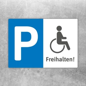 Aufkleber mit Rollstuhlsymbol und dem Hinweis Freihalten für den Behindertenparkplatz.