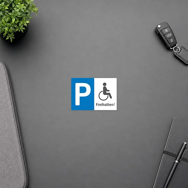 Querformat-Aufkleber mit großem P und Rollstuhlsymbol, der einen Behindertenparkplatz klar als freizuhalten kennzeichnet.