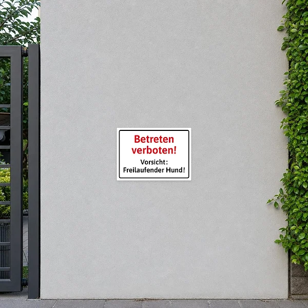 Warnender Aufkleber mit Text Betreten verboten, Vorsicht freilaufender Hund, für Tor oder Zaun.