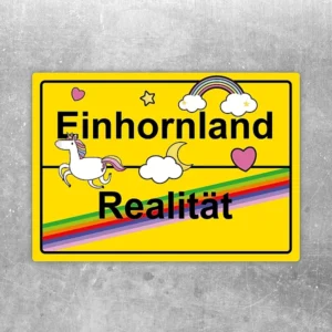 Aufkleber mit Einhornland-Einhornfan-Motiv, Regenbogen und lustigem Spruch für Einhornfans.
