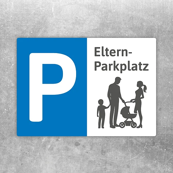 Aufkleber mit Elternparkplatz-Hinweis und Familie mit Kind an der Hand
