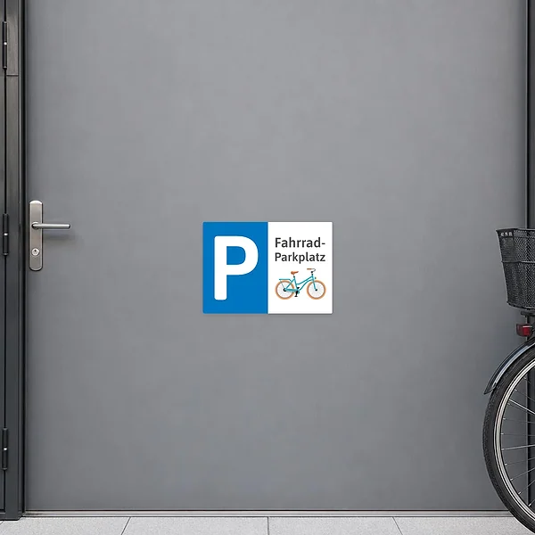 Hinweisaufkleber Fahrradparkplatz mit großem P und Fahrradmotiv für klar gekennzeichnete Abstellbereiche.