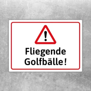 Aufkleber mit Warnsymbol und Text Achtung Fliegende Golfbälle für den Golfplatz.
