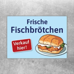 Aufkleber mit Fischbrötchen und rotem Verkauf hier Hinweis für den direkten Einsatz am Stand
