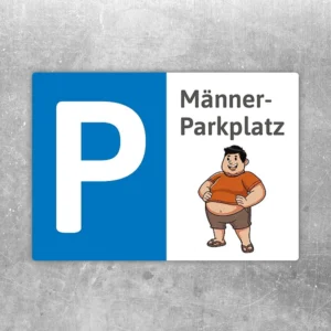 Aufkleber mit P-Symbol und lustigem Mann mit Bauch als Männerparkplatz-Hinweis.